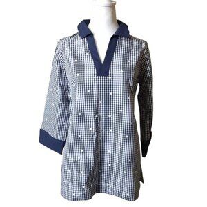 Coldwater Creek  XS Popover V-Neck Collared Checked 100% Cotton 3/4 Sleeve Top